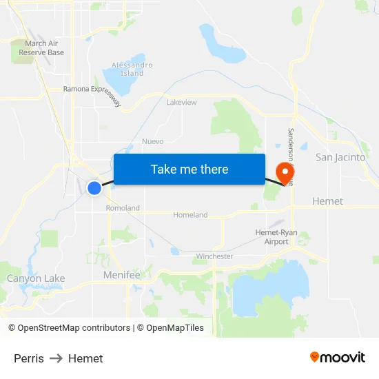 Perris to Hemet map