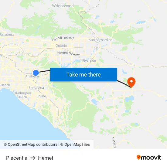 Placentia to Hemet map