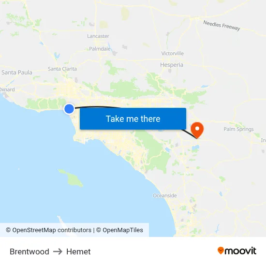 Brentwood to Hemet map