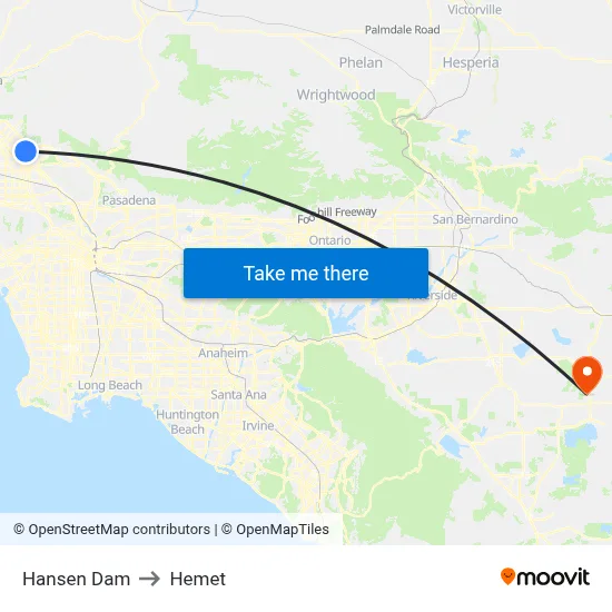 Hansen Dam to Hemet map