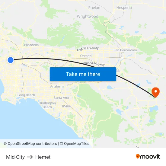Mid-City to Hemet map