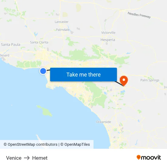 Venice to Hemet map