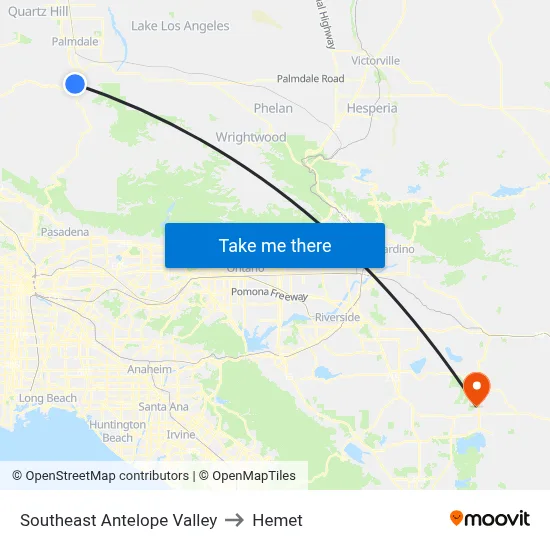 Southeast Antelope Valley to Hemet map