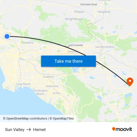 Sun Valley to Hemet map