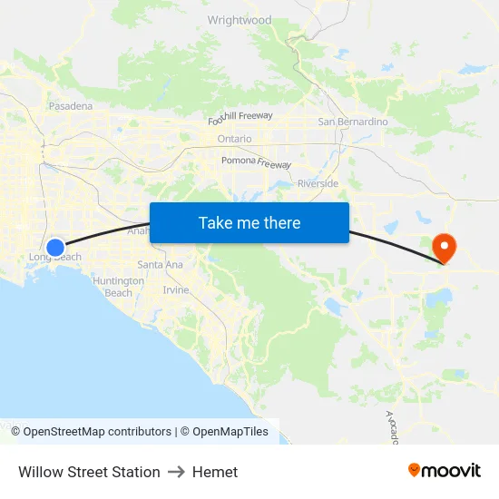 Willow Street Station to Hemet map