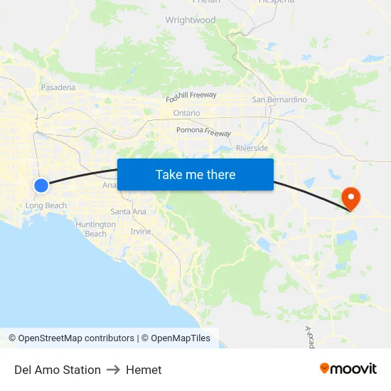 Del Amo Station to Hemet map