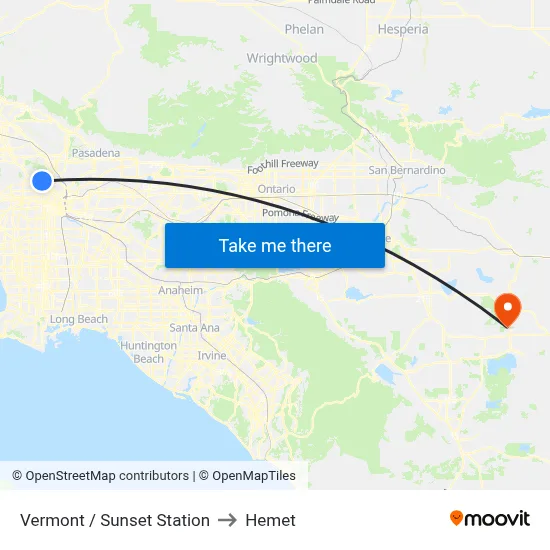 Vermont / Sunset Station to Hemet map