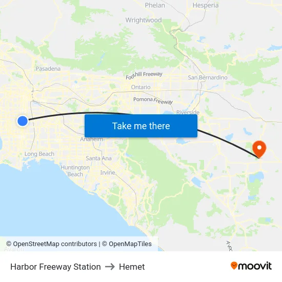 Harbor Freeway Station to Hemet map