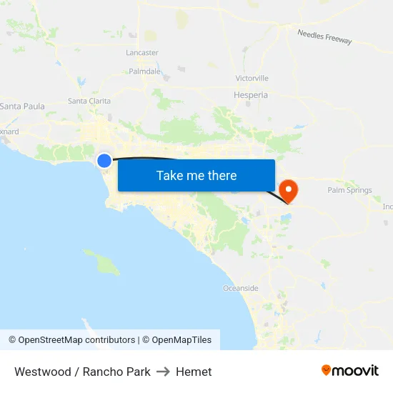 Westwood / Rancho Park to Hemet map