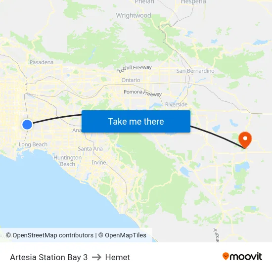 Artesia Station Bay 3 to Hemet map