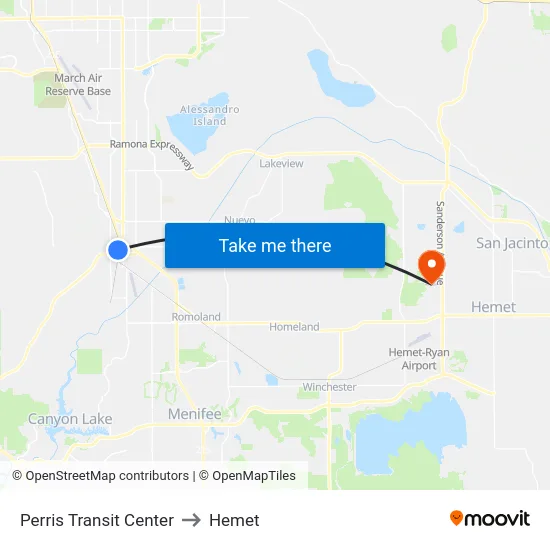 Perris Transit Center to Hemet map