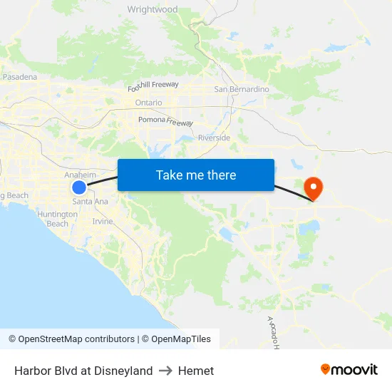 Harbor Blvd at Disneyland to Hemet map