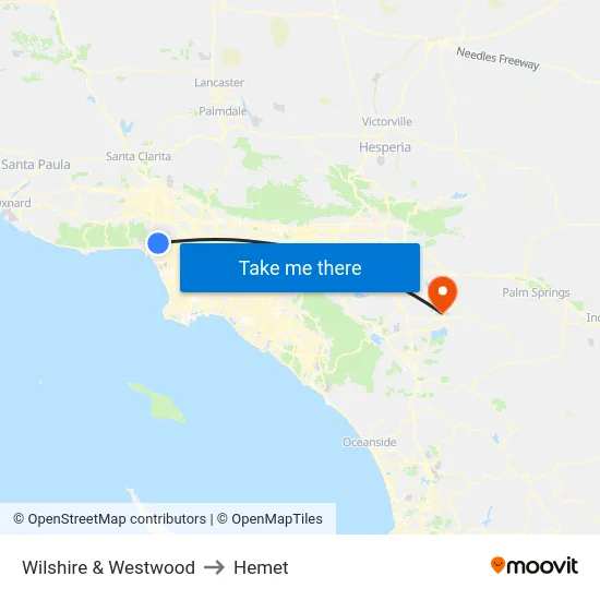 Wilshire & Westwood to Hemet map
