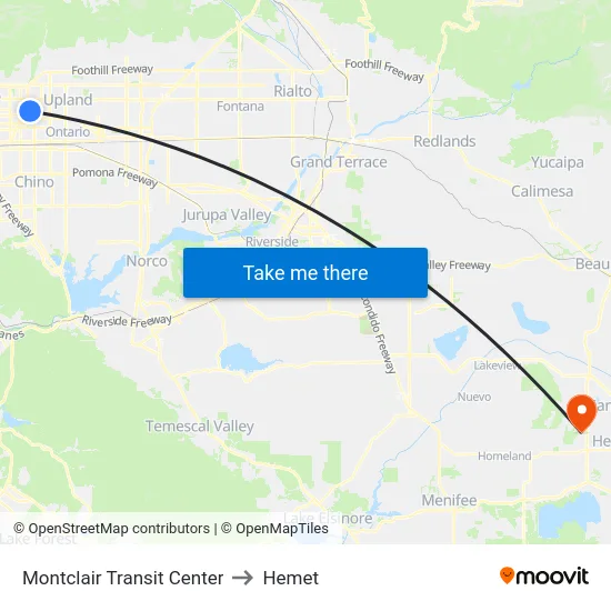 Montclair Transit Center to Hemet map