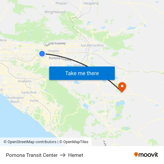 Pomona Transit Center to Hemet map