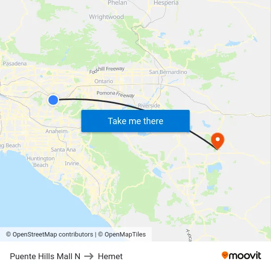 Puente Hills Mall N to Hemet map