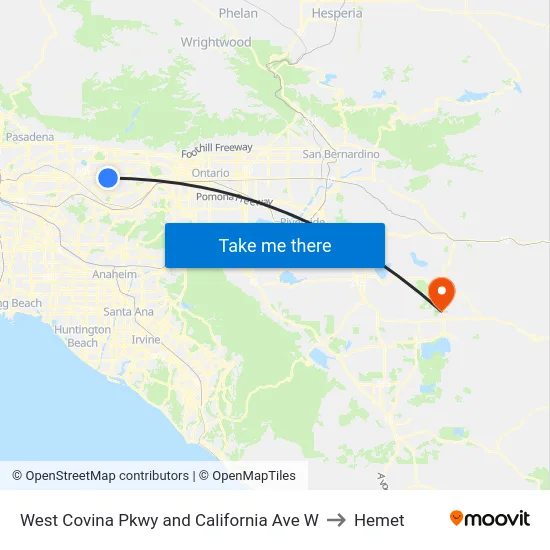 West Covina Pkwy and California Ave W to Hemet map