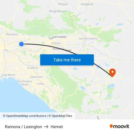 Ramona / Lexington to Hemet map