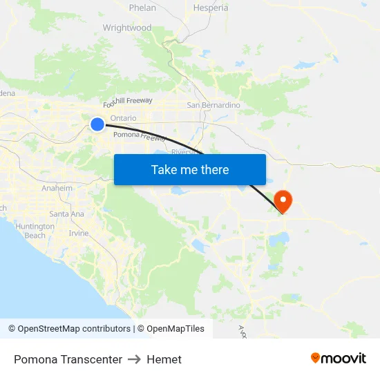 Pomona Transcenter to Hemet map