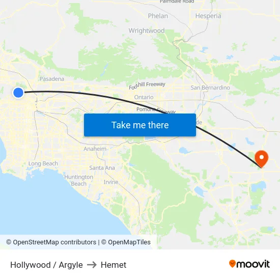 Hollywood / Argyle to Hemet map
