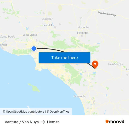Ventura / Van Nuys to Hemet map