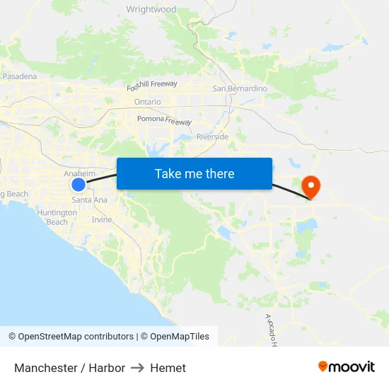 Manchester / Harbor to Hemet map