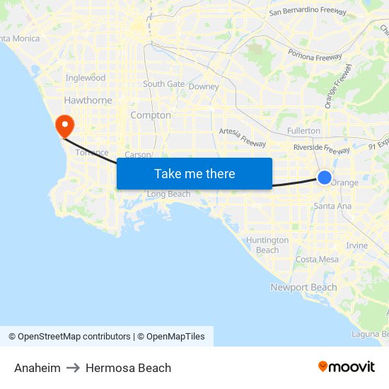 Anaheim to Hermosa Beach map