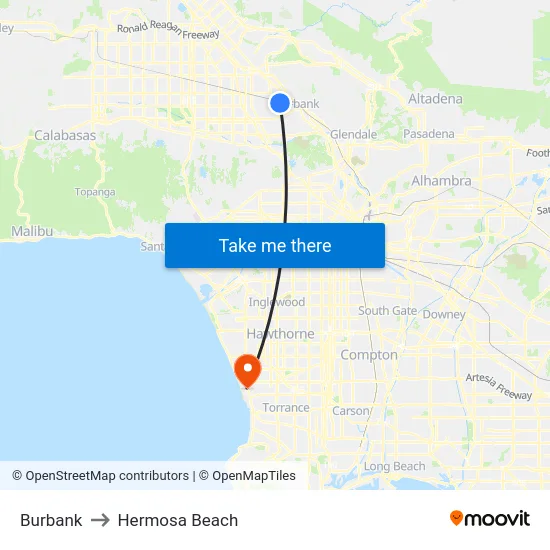 Burbank to Hermosa Beach map