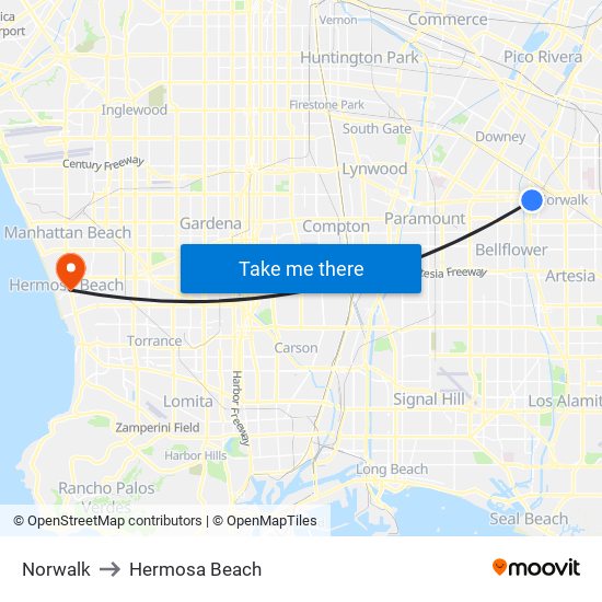 Norwalk to Hermosa Beach map