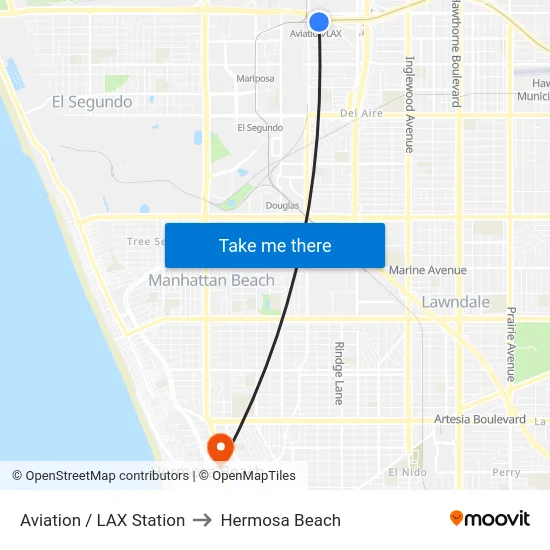 Aviation / LAX Station to Hermosa Beach map