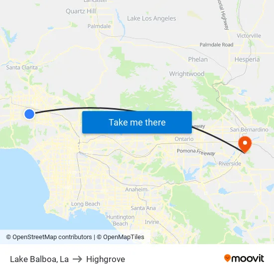 Lake Balboa to Highgrove map