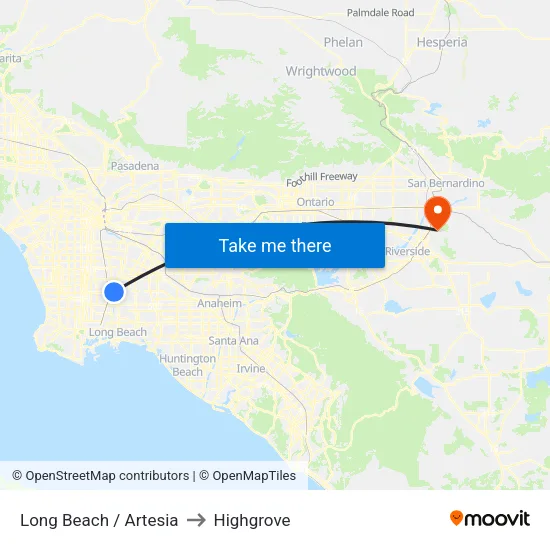 Long Beach / Artesia to Highgrove map