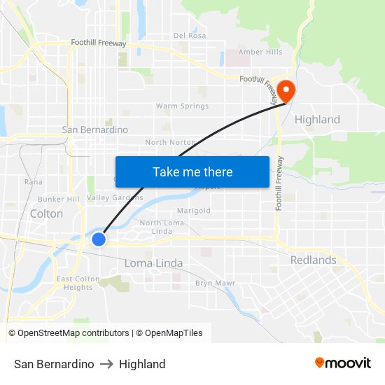 San Bernardino to Highland map