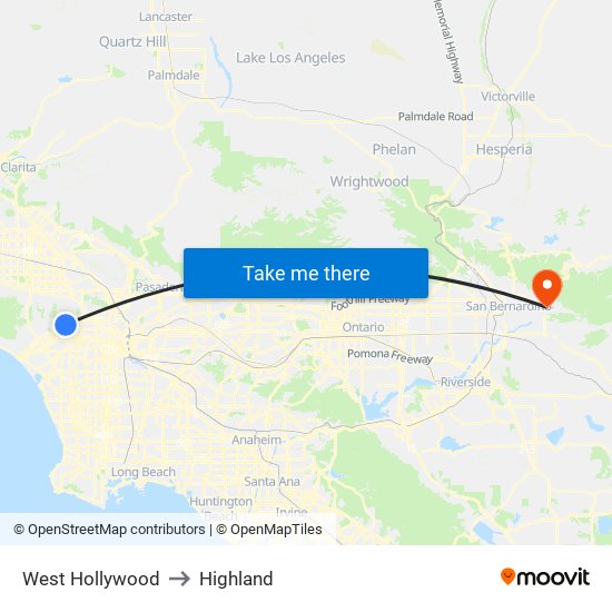 West Hollywood to Highland map