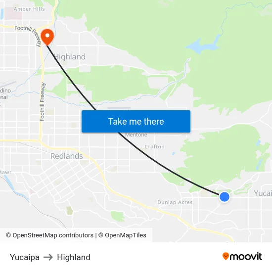 Yucaipa to Highland map