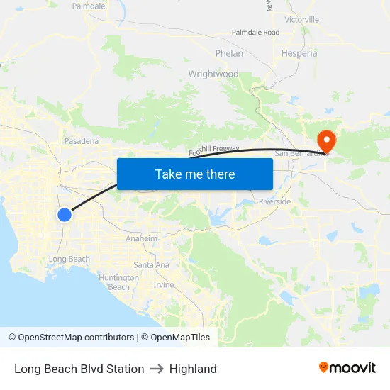 Long Beach Blvd Station to Highland map