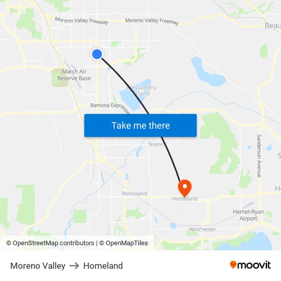 Moreno Valley to Homeland map