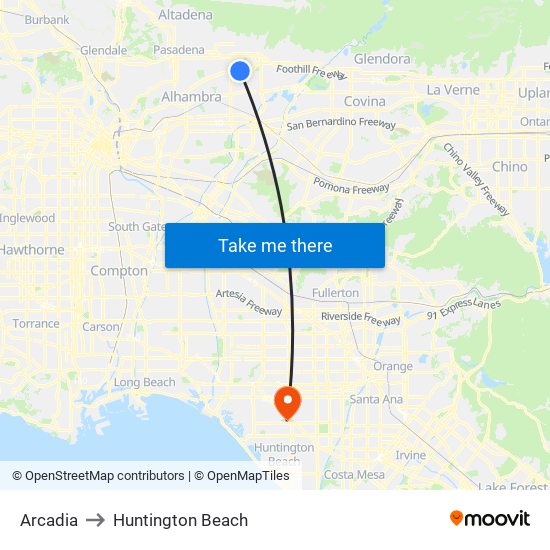 Arcadia to Huntington Beach map