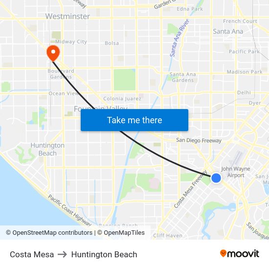 Costa Mesa to Huntington Beach map