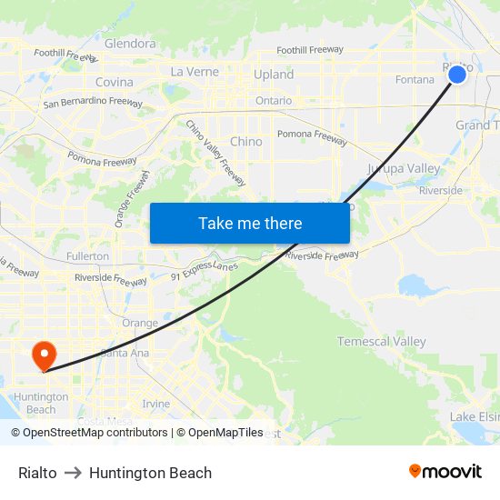 Rialto to Huntington Beach map