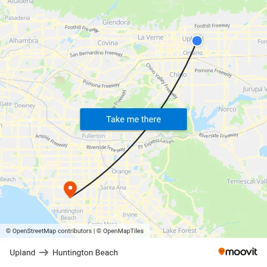Upland to Huntington Beach map