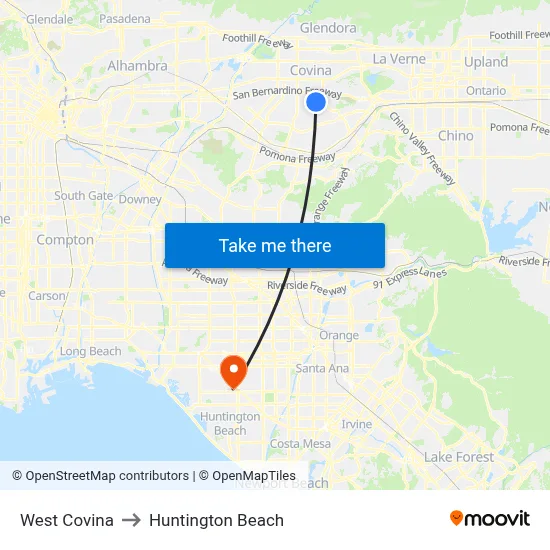 West Covina to Huntington Beach map