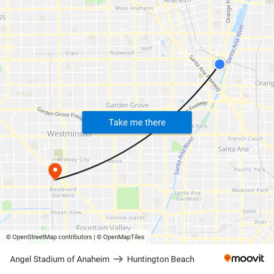 Angel Stadium of Anaheim to Huntington Beach map