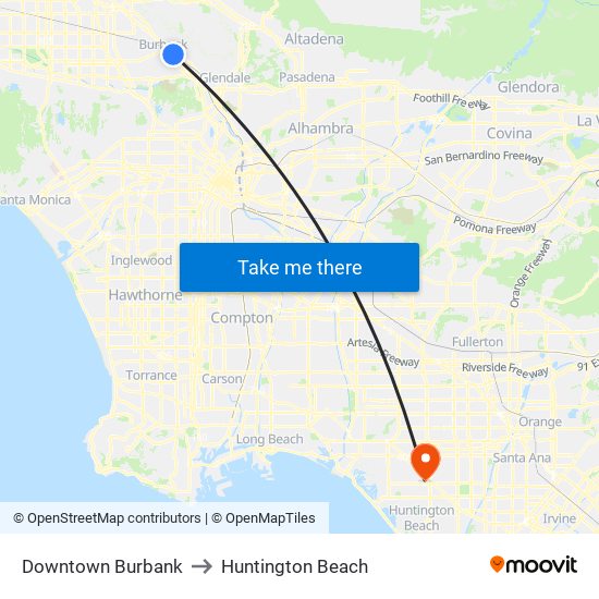 Downtown Burbank to Huntington Beach map