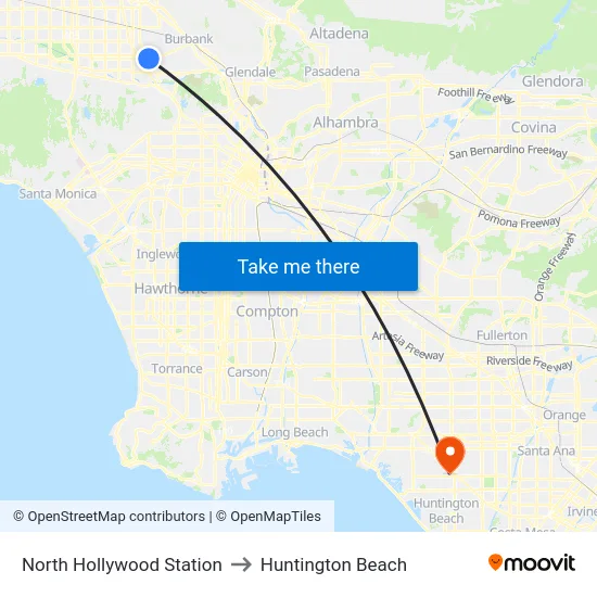 North Hollywood Station to Huntington Beach map