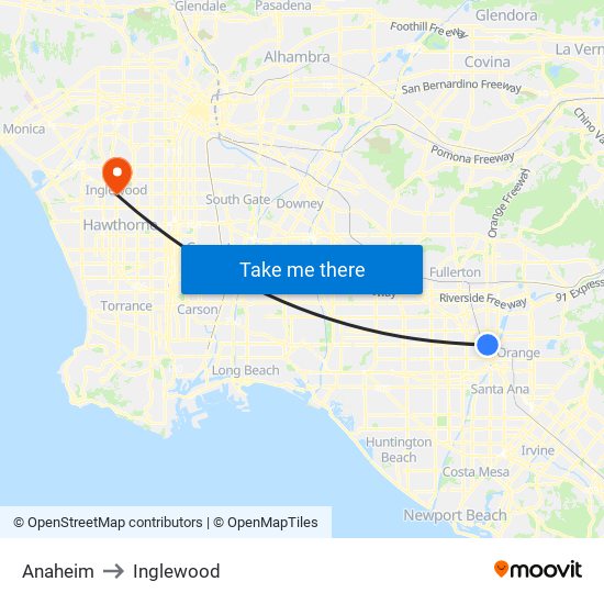 Anaheim to Inglewood map