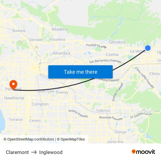 Claremont to Inglewood map