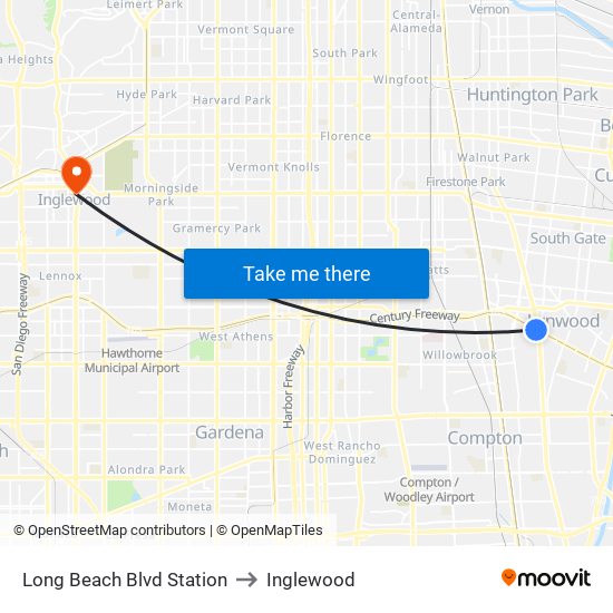 Long Beach Blvd Station to Inglewood map