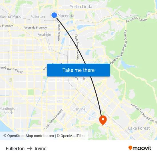 Fullerton to Irvine map