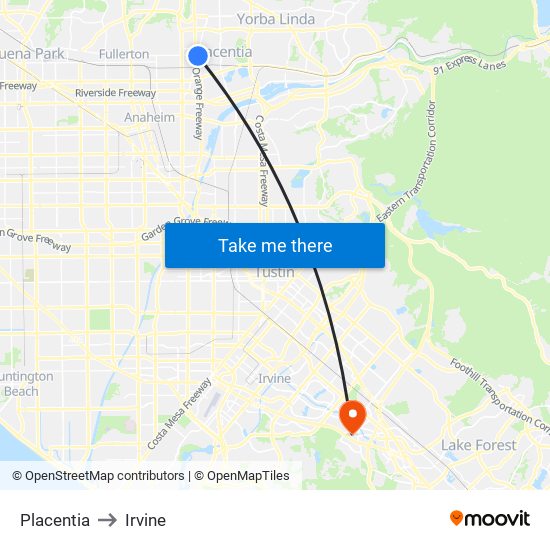 Placentia to Irvine map